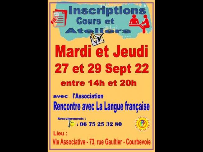 Cours et Ateliers de Français - Inscription:  27 et 29 Septembre 2022.