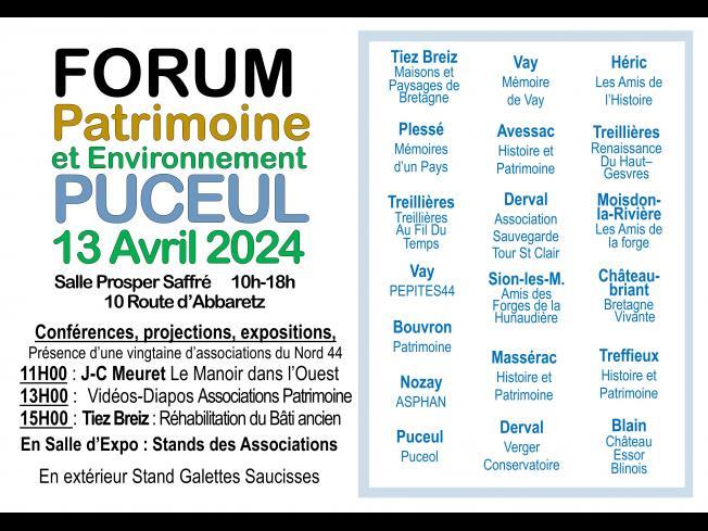Forum Patrimoine et Environnement 13 Avril 2024 PUCEUL Salle Polyvalente 10 Route d'Abbaretz