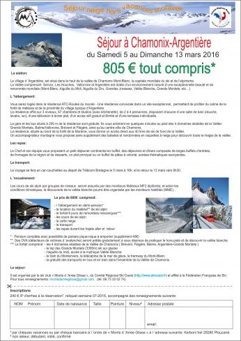 Séjour sports d'hiver à Chamonix-Argentière du 5 au 13 mars 2016