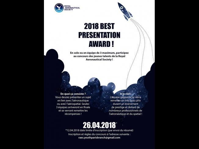 « 2018 Best Young Persons Presentation Award », un concours spécial organisé par la Royal Aeronautical Society