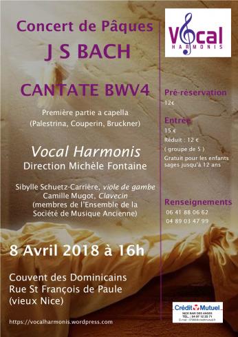 Concert  Vocal Harmonis Cantate BWV4 de JS BACH 16h dimanche 8 avril