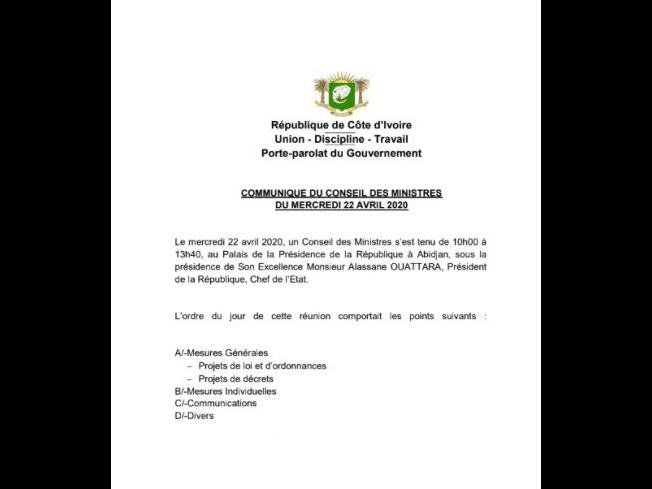 COTE D'IVOIRE: COMMUNIQUE DU CONSEIL DES MINISTRES DU MERCREDI 22 AVRIL 2020 Le mercredi 22 avril 2020