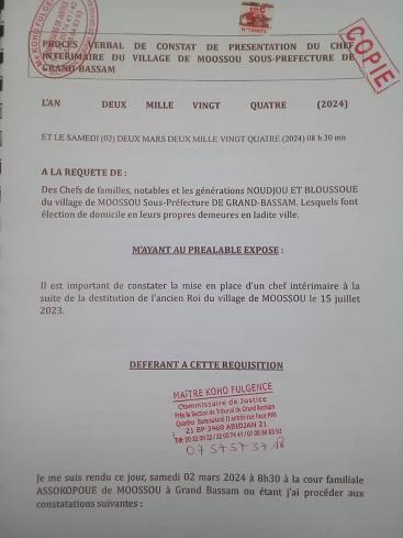 COTE D'IVOIRE:Interview de monsieur  AMON AKRE ALBERT, Chef de GENERATION & CATEGORIE BLOUSSOUE ( DJAMIAN) signataire du procès-verbal de constat sur la DESTITUTION du ROI de  MOOSSOU GRAND-BASSAM