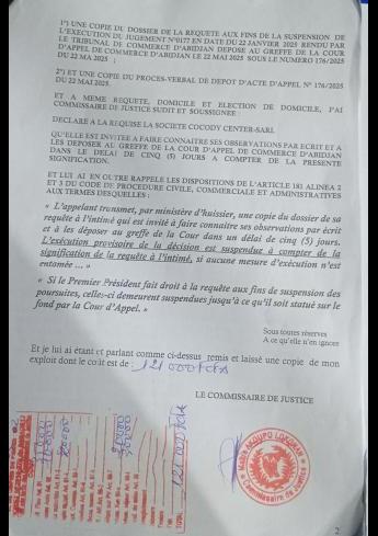 COTE D'IVOIRE: Foncier Urbain - Requête aux fins de la suspension de l' exécution du jugement  contradiction n': 0177 en date du 22 jmai 2025 rendu  par le Tribunal  de Commerce  d'Abidjan 