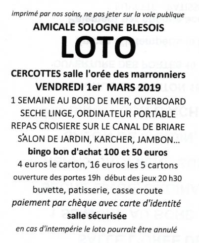LOTO vendredi 1er mars 2019, à CERCOTTES (45), salle L'Orée des Marronniers