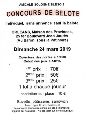 CONCOURS DE BELOTE le 24 mars 2019, Maison des Provinces à ORLEANS